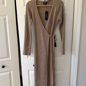 Lulu's Taupe Long Sleeve Wrap Dress
